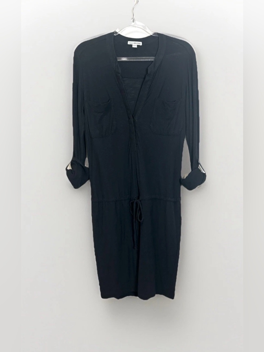 James Perse Dress Black Cotton Modal Midi  Roll Tab Sleeve Sz Small/1 Tie Waist